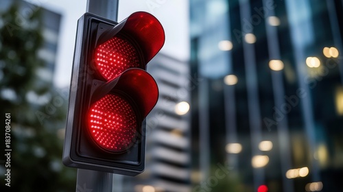 A close-up of a red traffic light against an urban background, indicating vehicles must stop.