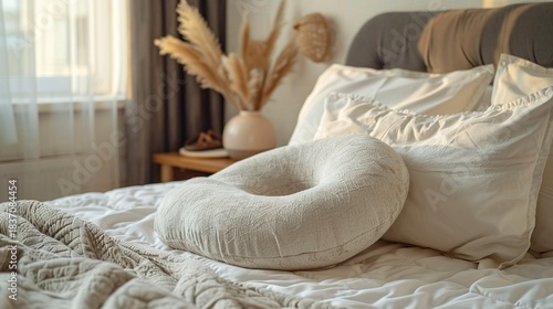 A photo of a maternity pillow on a bed.