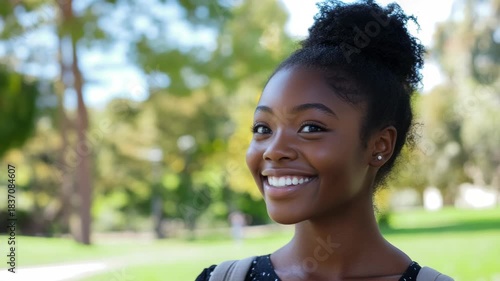 Young woman with natural smile in casual outdoor setting, likely a park or garden.