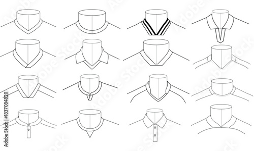 Jersey and T-Shirt Collar Types Vector Set – Knitwear Neckline Fashion Technical Sketches"
