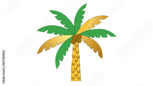A stylized golden brown palm tree with green and golden fronds and coconuts on a black background