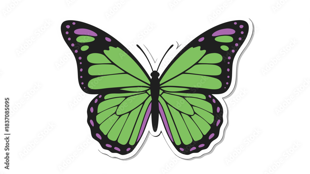Obraz premium A Vivid Green Butterfly With Purple Accents And Black Outlines On A Transparent Background Represents Nature And Transformation