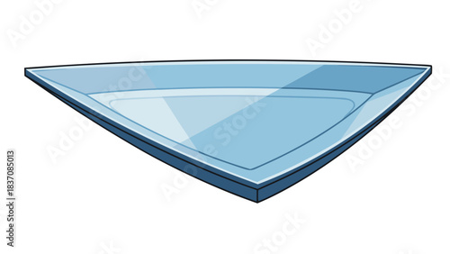 A Translucent Blue Triangular Shallow Dish or Tray with Reflective Surface and Dark Blue Edges Against a Black Background
