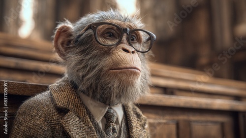 A bespectacled chimpanzee in a tweed suit sits solemnly on a wooden bench, possibly in a church, deep in thought