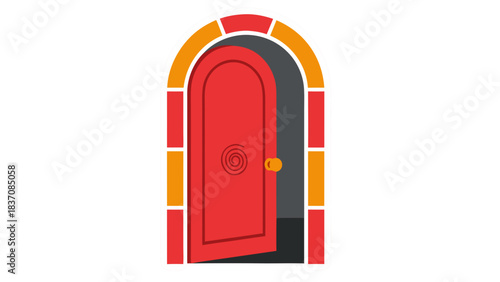 A vibrant red arched doorway with an open door and a warm orange glow emanating from within against a dark background offering a sense of mystery and possibility