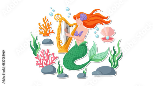 A Vibrant Illustration of a Red Haired Mermaid Playing a Golden Harp Amidst Coral Reefs and Bubbles Underwater Scene