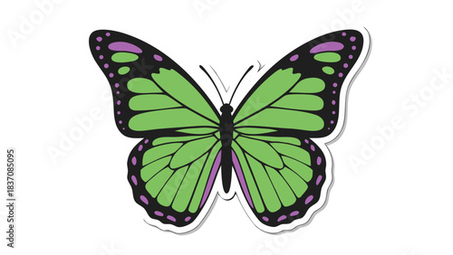 A Vivid Green Butterfly With Purple Accents And Black Outlines On A Transparent Background Represents Nature And Transformation