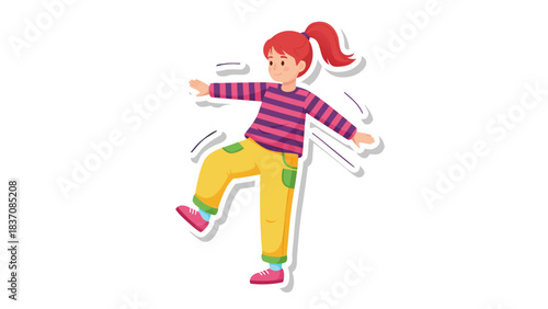 A Young Girl With Red Ponytail And Pink Striped Shirt Yellow Pants Enjoys Dancing With Motion Lines On Black Background