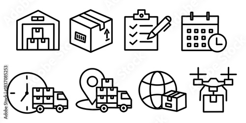 Delivery line icons set. Collection of line art illustration of warehouse, parcel, checklist, calendar, truck shipping, location tracking, global transport, and drone delivery.