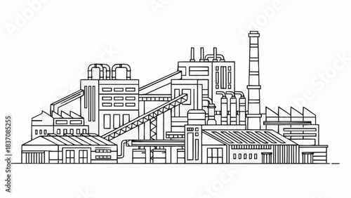 Detailed Line Art Illustration of an Industrial Factory Complex.