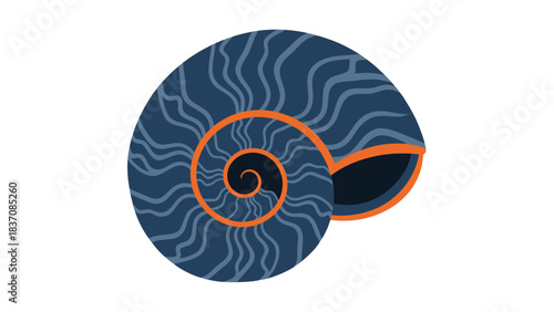 Abstract Blue Nautilus Shell Spiral with Orange Rim on Black Background