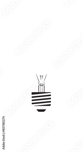 Minimalist black and white striped light bulb illustration with glow and energy idea.