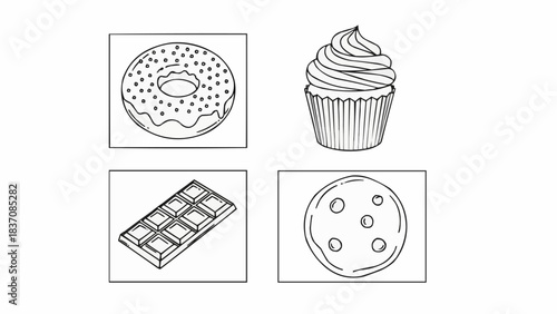 Hand drawn collection of sweet dessert food sketches.