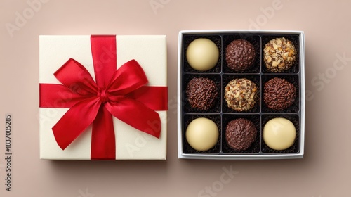 Elegant Gift Box with Assorted Gourmet Chocolates on Soft Beige Background