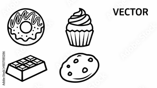 Set of four delicious sweet treats including a donut cupcake chocolate bar and cookie.