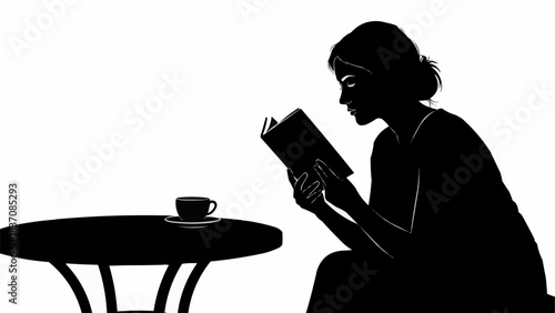 Silhouette of a woman sitting at a table reading a book.
