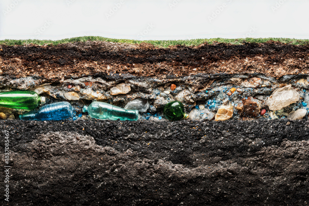 Obraz premium Cross-sectional view of soil layers revealing embedded discarded glass bottles illustrating environmental pollution and the impact of waste in underground ecosystems