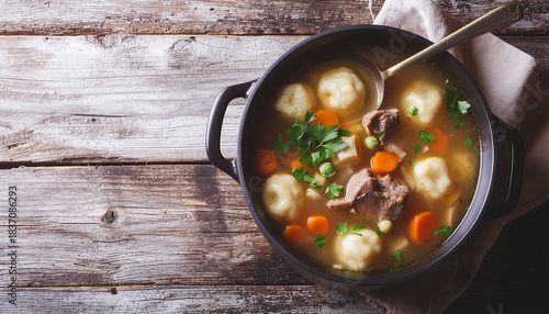 Bouyon Haitian hearty soup with dumplings overhead