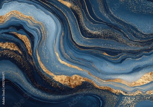 Abstract swirl of deep blue & gold hues creates a marbleized effect