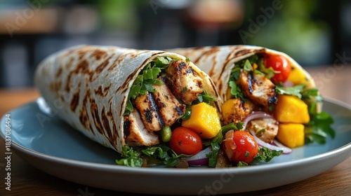 A delicious wrap filled with grilled chicken, fresh vegetables, and mango, presented on a plate, showcasing vibrant colors and textures.