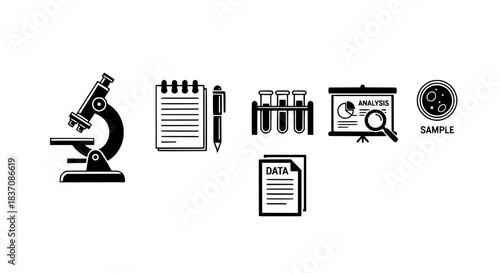 Essential Scientific Research and Laboratory Analysis Icons Data Collection, Experimentation, and Discovery Visuals
