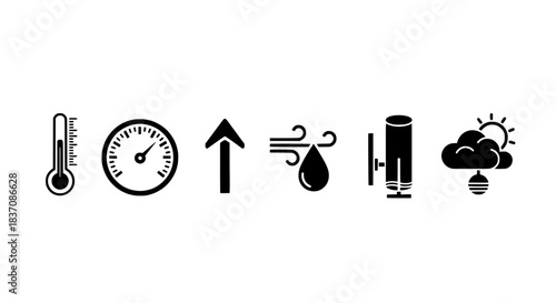 Weather forecast icons thermometer, wind speed, precipitation, and sunshine