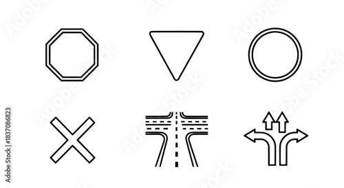Vector outline traffic signs and road navigation icons for regulation, warning, and guidance systems