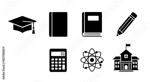 Education and Learning Symbols Graduation Cap, Books, Pencil, Calculator, Atom, School Building