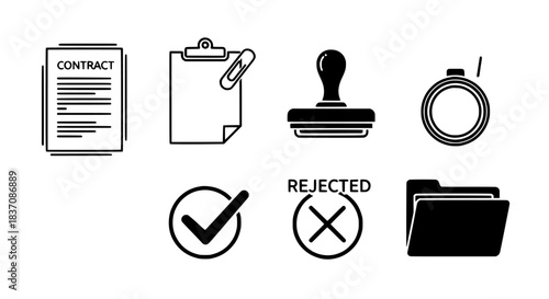 Business document approval icons contract, checkmark, stamp, rejected, folder, stopwatch