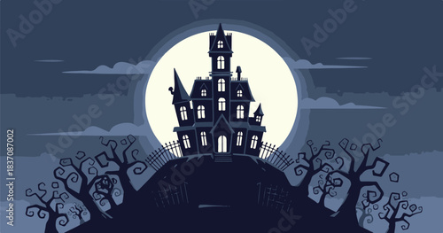 Spooky Halloween night background vector illustration with a haunted castle, full moon, bats, and dark silhouette trees on a scary hill