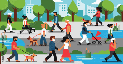 City people illustration vector silhouettes of business woman and child having fun with shopping bags in a park running for success