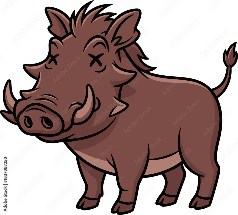 Fototapeta premium Cartoon Warthog with Crossed Eyes and Large Tusks Illustration.