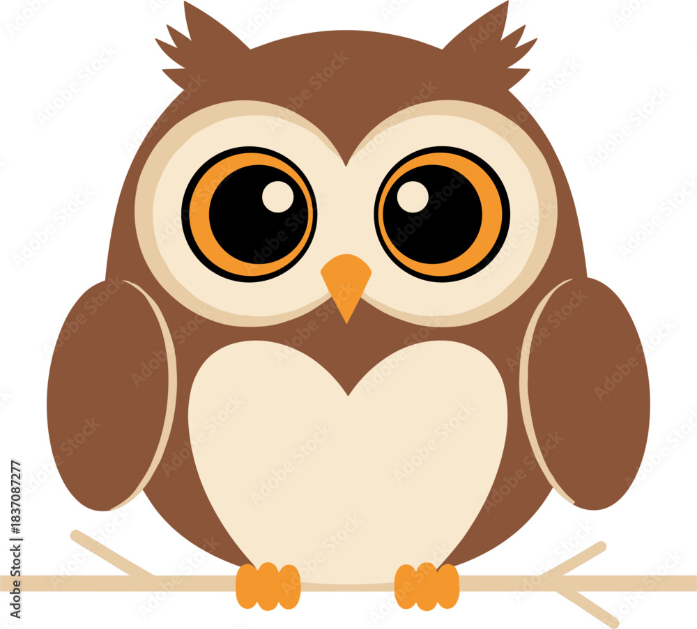 Obraz premium Cute brown cartoon owl with big eyes sitting on a branch.