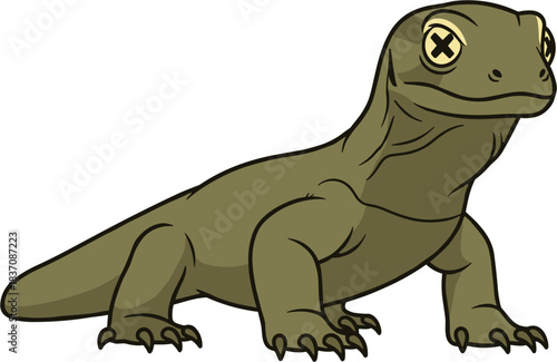 Cartoon Komodo dragon illustration standing and looking forward with focus.