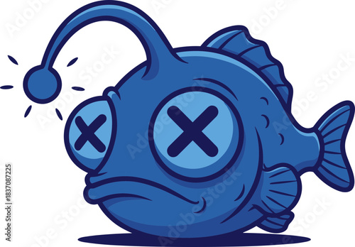 Cartoon illustration of a dead blue anglerfish with X eyes.