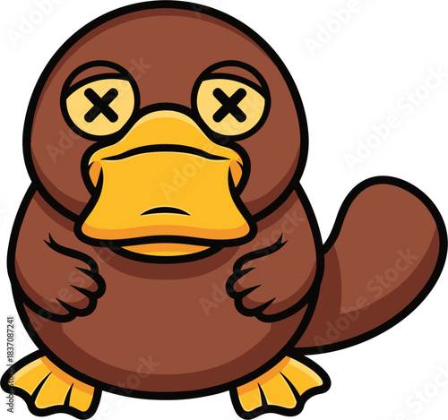 Cartoon platypus with cross eyes and a yellow beak looking directly at the viewer.