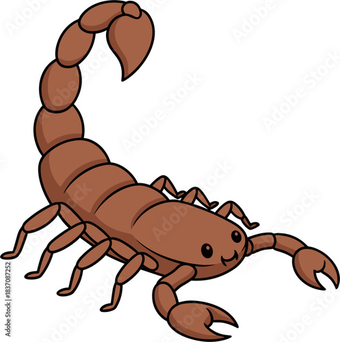 Cartoon scorpion illustration with brown body and curved tail ready to attack.