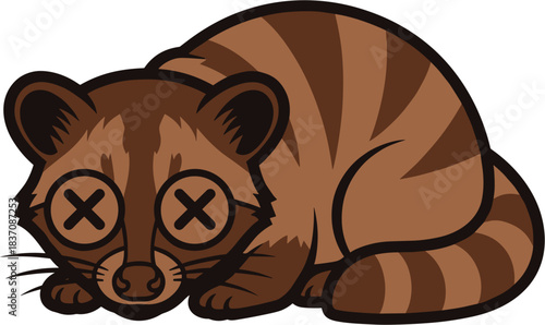 Cartoon Raccoon with X Eyes Lying Down.