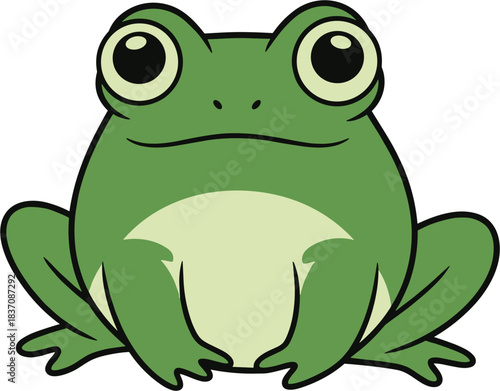 Cute cartoon frog with big eyes sitting and looking forward.