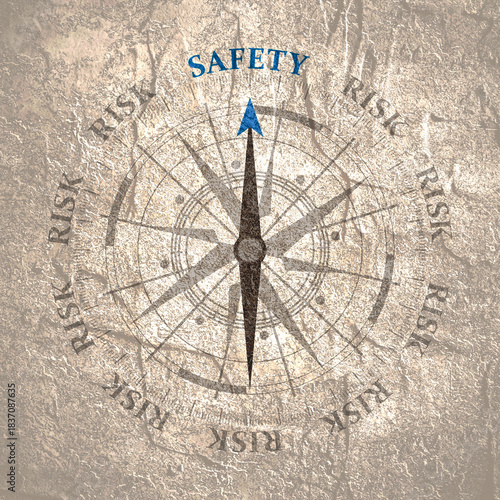 The needle of compass points to the word safety ignoring the words risk. Risk avoidance, reduction and management.