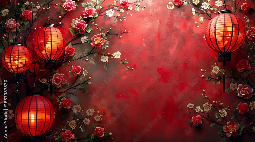 Obraz premium Red Chinese Lanterns and Floral Wall for Lunar New Year Celebration