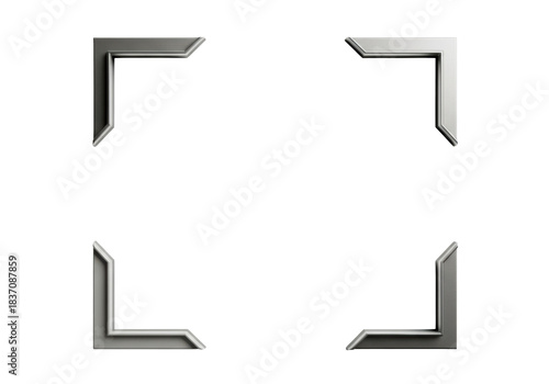 Sleek, abstract, modern geometric matte grey corner elements framing pristine central white copy space on transparent background. Concept of precision and focus