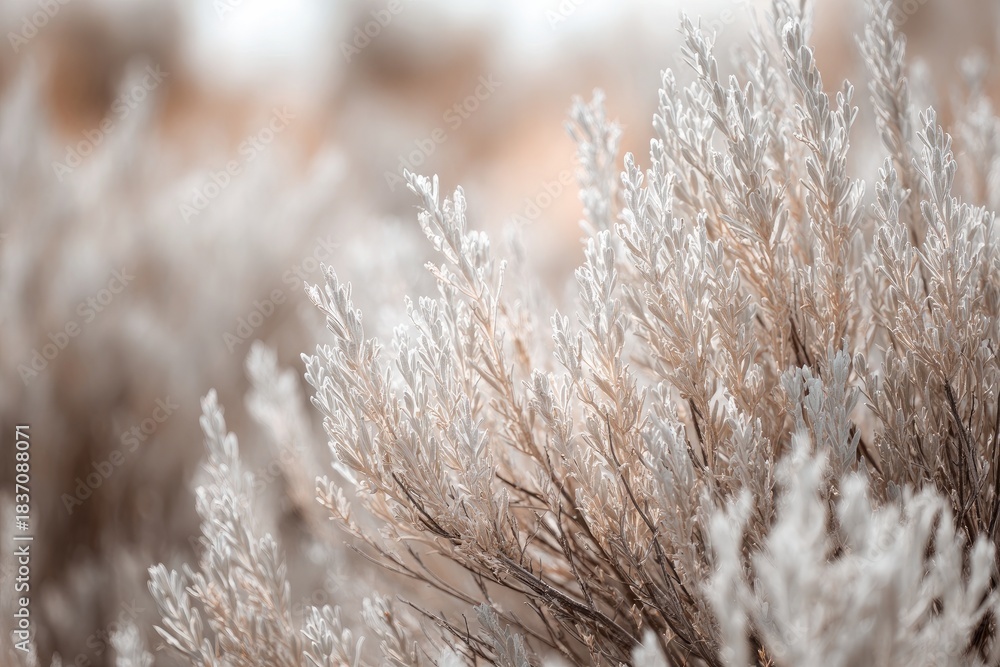 Fototapeta premium Pale, frosted shrub with soft, silvery branches fills the frame against a blurry background