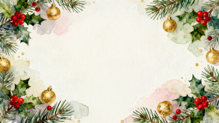 Watercolor Christmas Corner Frame with Holly and Golden Ornaments ,Classic Yuletide Greens and Gold Corner Decoration ,Holly and Pine Watercolor Quadrant Border