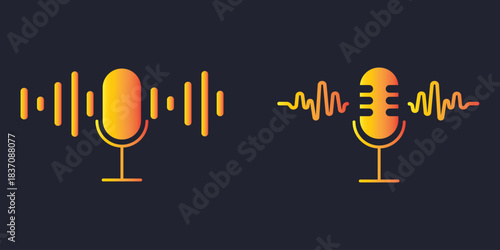Podcast radio icon set . Podcast channel or radio logo design using microphone. Voice vector icon, record. Studio table microphone with broadcast text podcast. Colorful Mike icon. Best Design. EPS 10.