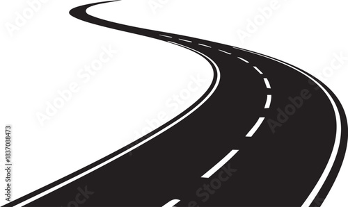 Winding black asphalt road graphic curves dramatically into bright white empty space symbolizing future journey or progress