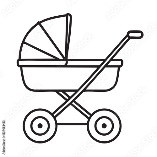 Simple black and white line drawing of a classic baby carriage showcasing infant transport and care