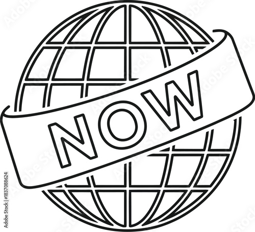 Urgent global action concept featuring a clean line art globe wrapped with a banner proclaiming NOW for immediate worldwide focus