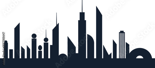 Modern minimalist dark blue city skyline silhouette against a bright white background perfect for corporate branding