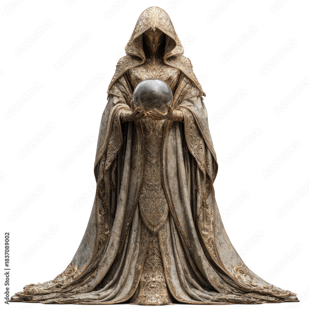 Fototapeta premium Golden Sorceress Statue Holding Crystal Orb